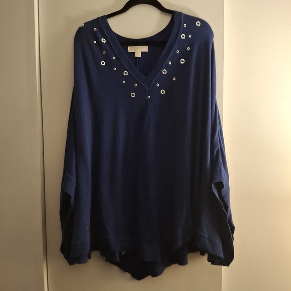 Michael Kors Dark Blue Knit Women's Poncho Sweater With Silver Grommets - Picture 1 of 8